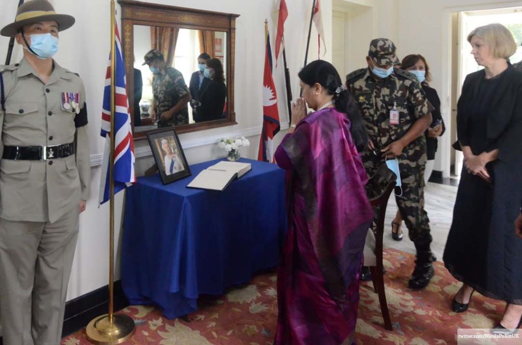 President Bidya Devi Bhandari pays homage to British Queen Elizabeth II, at the British Embassy in Kathmandu, on Friday, September 9, 2022. 