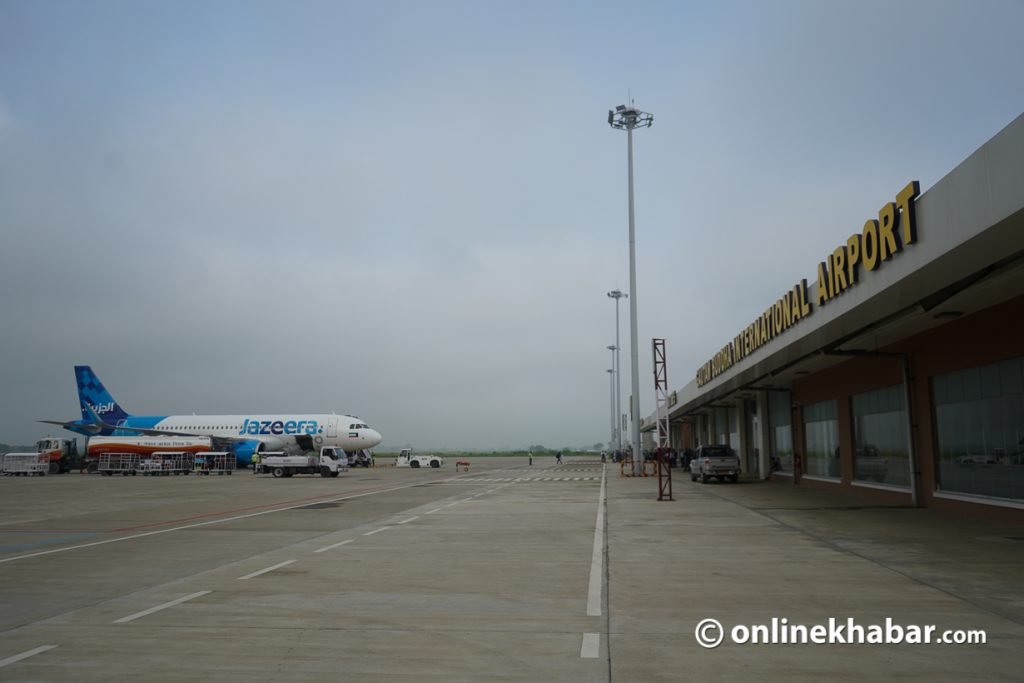 File: A Jazeera Airlines aircraft at Gautam Buddha International Airport (Bhairahawa Airport)