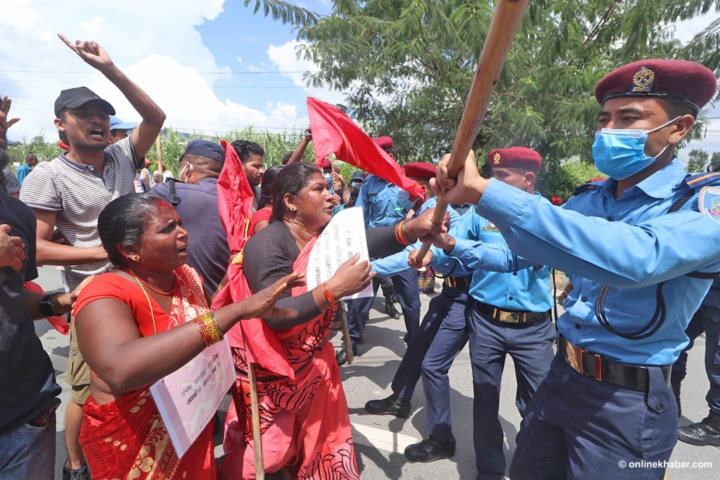 A group of loan shark victims clash with police during a demonstration, in Kathmandu, on Monday, September 12, 2022. Photo: Aryan Dhimal