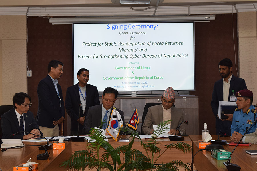 Finance Secretary Krishna Hari Pushkar and South Korean Ambassador to Nepal Park Chong-Suk signed an agreement, in Kathmandu, on Friday, September 23, 2022.