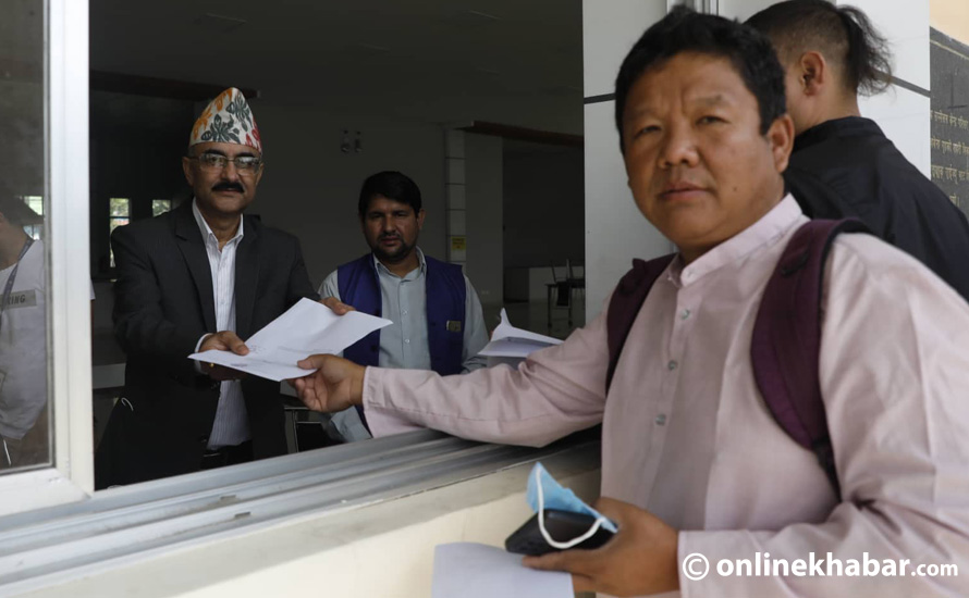 Man Bahadur Rai of Rastriya Janamukti Party files his nomination for the House of Representatives election in Kathmandu-1, on Sunday, october 9, 2022. Photo: Bikash Shrestha
