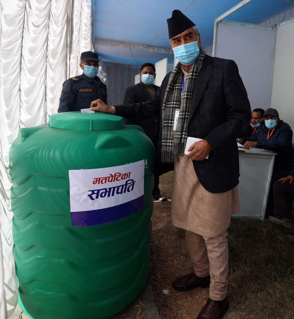Nepali Congress President Sher Bahadur Deuba casts his vote during the party convention. Photo: Facebook/Mim Bahadur Pariyar