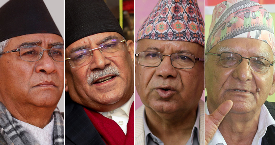 L-R: Sher Bahadur Deuba, Pushpa Kamal Dahal, Madhav Kumar Nepal and Chitra Bahadur KC, leaders of the ruling alliance