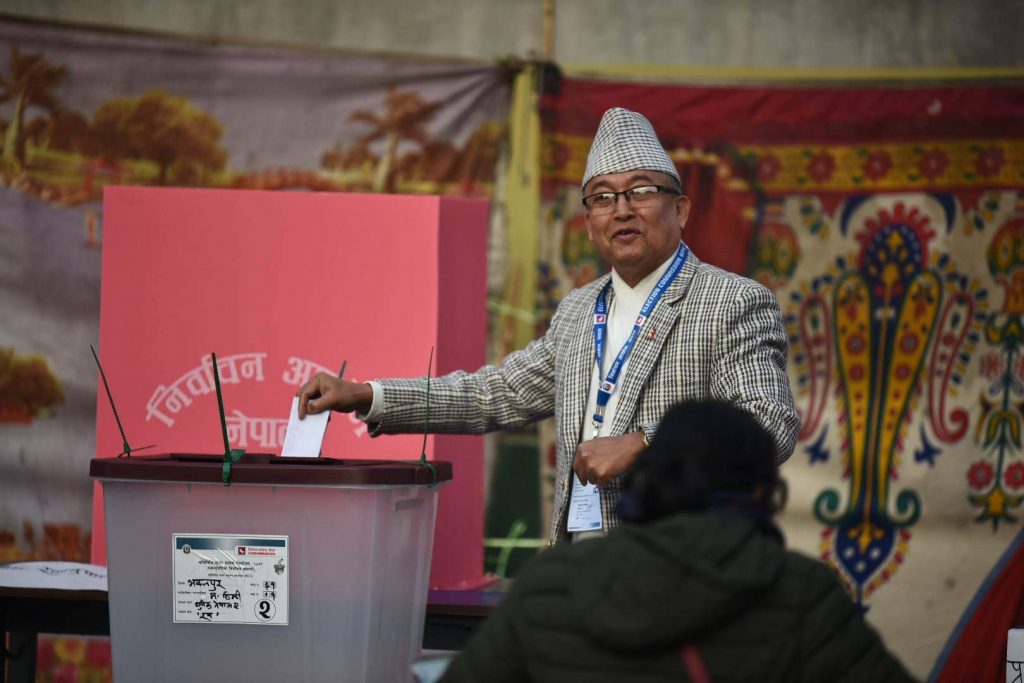 Chief Election Commissioner Dinesh Kumar Thapaliya casts his vote in the parliamentary elections in Bhaktapur, on November 20, 2022. Photo: Bikash Shrestha