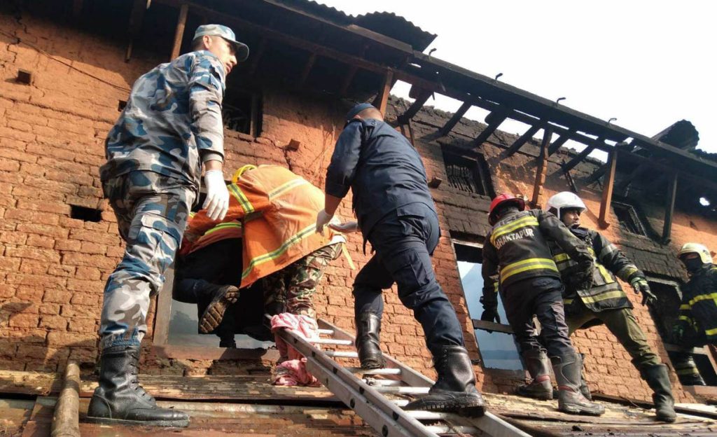 A fire breaks out at a house in Madhyapur Thimi of Bhaktapur, killing one, on Wednesday, November 16, 2022. 