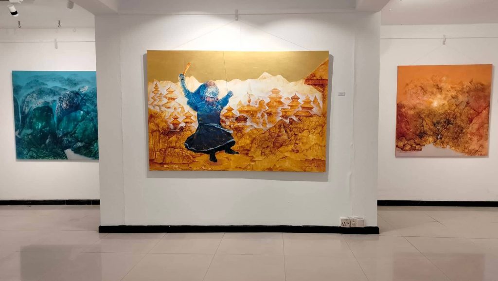 Paintings by artist Binod Pradhan in the exhibition Sacred Realms at Siddhartha Art Gallery, Babermahal. 