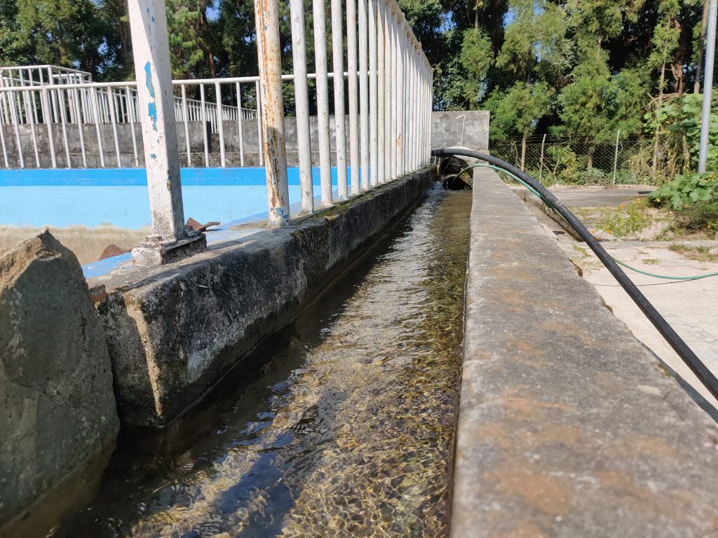 Clean treated water flowing through the channels to reach rapid sand filtration phase.