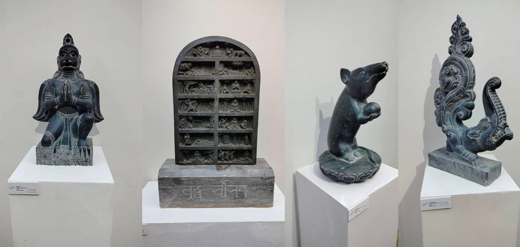 Sculptures by sculptor Chandra Shyam Dangol at Eternity: Exhibition of  Traditional stone art at Dalai-La Boutique Hotel, Thamel.