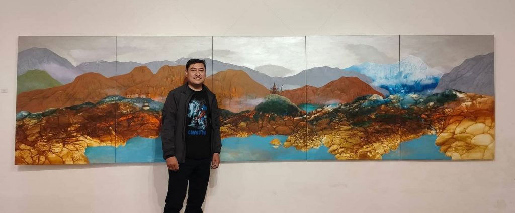 Artist Binod Pradhan's painting Sacred Realms on display at Siddhartha Art Gallery.