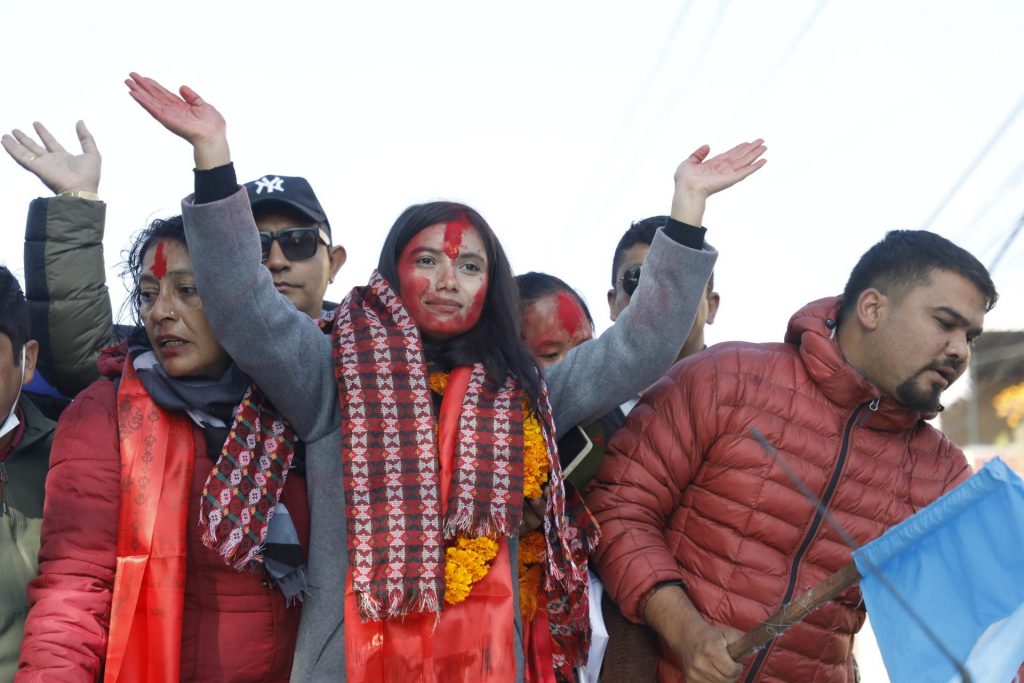 Rastriya Swatantra Party's newly elected lawmaker Sobita Gautam in her victory rally, in Kathmandu, on Wednesday, November 23, 2022. Photo: Chandra Bahadur Ale  