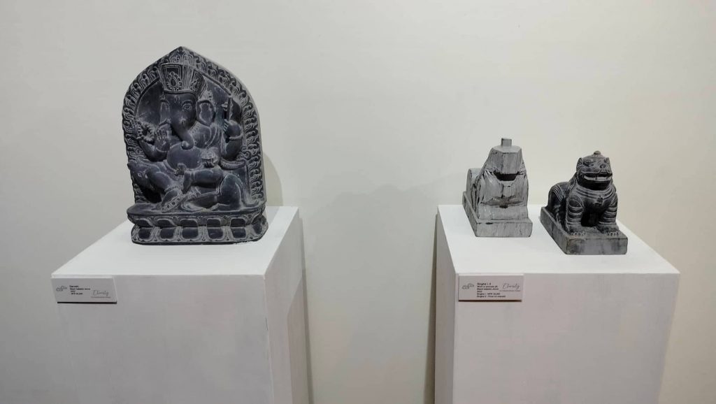 The statue of Lord Ganesh and statues of Singha in the exhibition by sculptor Chandra Shyam Dangol.