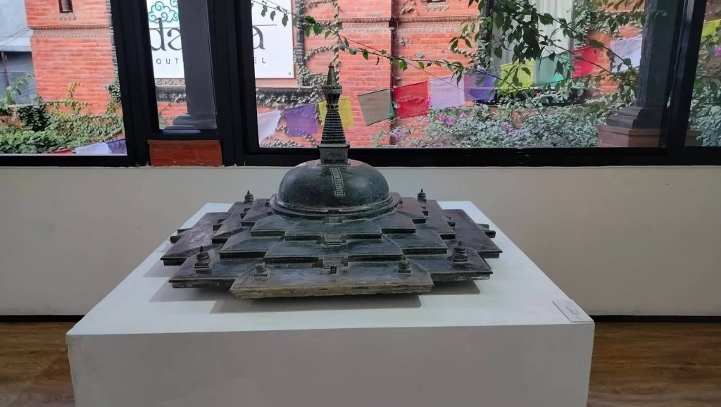 Stupa on display at the exhibition by sculptor Chandra Shyam Dangol.