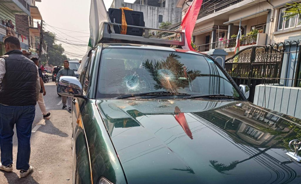 The car belonging to Nepali Congress candidate Umesh Shrestha is vandalised in Chitwan, on Wednesday, November 16, 2022. 