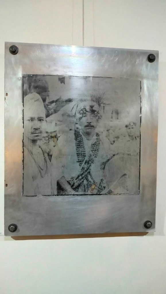 Photograph using liquid emulsion on an aluminium sheet on display at the exhibition, Syama-Sveta. Photo: Sangita Shrestha