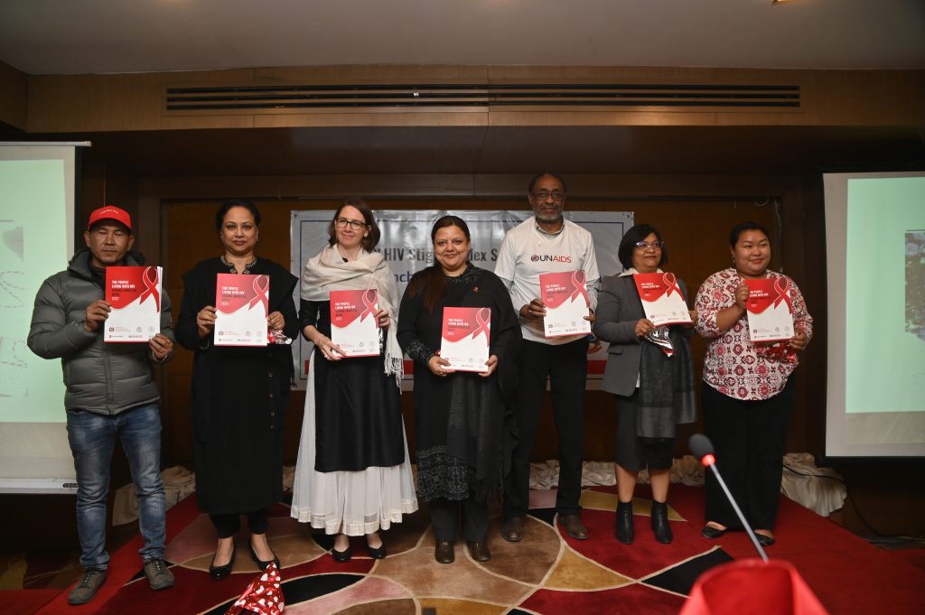 Stakeholders unveil the report of a new survey, Nepal PLHIV Stigma Index 2.0, about stigma and discrimination faced by people living with HIV in Nepal, on Thursday, December 1, 2022. Photo: Save the Children
