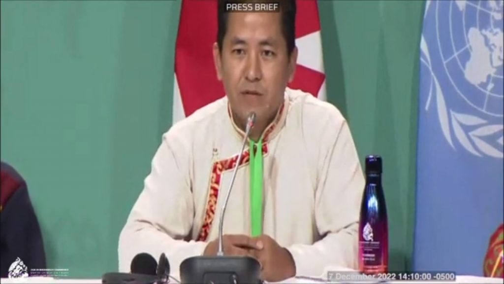 Nepal's Lhakpa Nuri Sherpa speaks about the rights of indigenous peoples and local communities during the biodiversity COP15, in Montreal, Canada, on December 7, 2022. Photo: YouTube screengrab