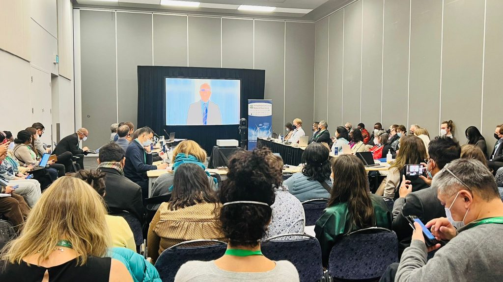 A video message about Nepal's wildlife-friendly infrastructure directive by Wildlife Conservation Department Chief Maheshwar Dhakal is played during a biodiversity COP15 side event, in Montreal, on Thursday, December 8, 2022. Photo: Kamana Poudel