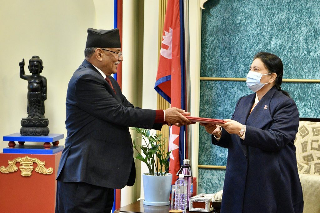 CPN-Maoist Centre Chairman Pushpa Kamal Dahal stakes his claim for the prime minister's position, handing over a letter to President Bidya Devi Bhandari, on Sunday, December 25, 2022. Photo: Comrade Prachanda/Twitter 