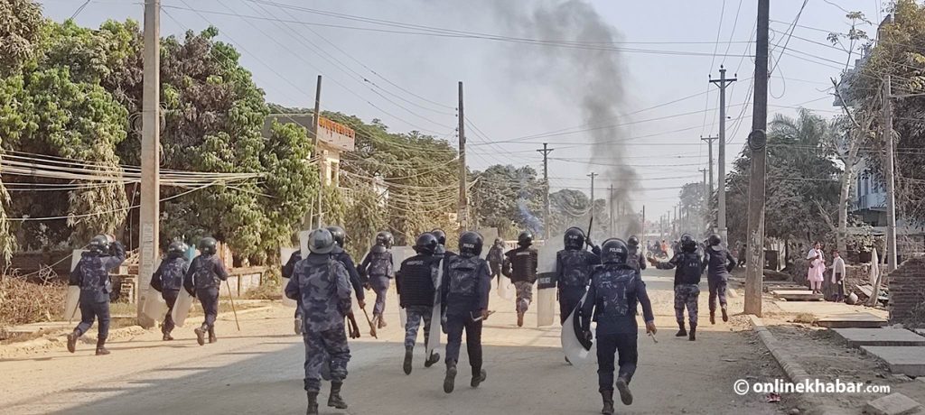 Police fire tear gas shells to curb protesters in Dhangadhi, on Friday, December 2, 2022. 