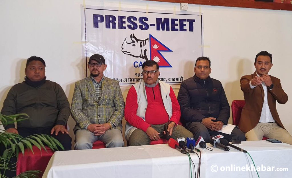 Five members of the Cricket Association of Nepal (CAN) executive committee organise a press conference to share their views about the spot-fixing in the Nepal T20 League, in Kathmandu on Sunday, January 29, 2023. 