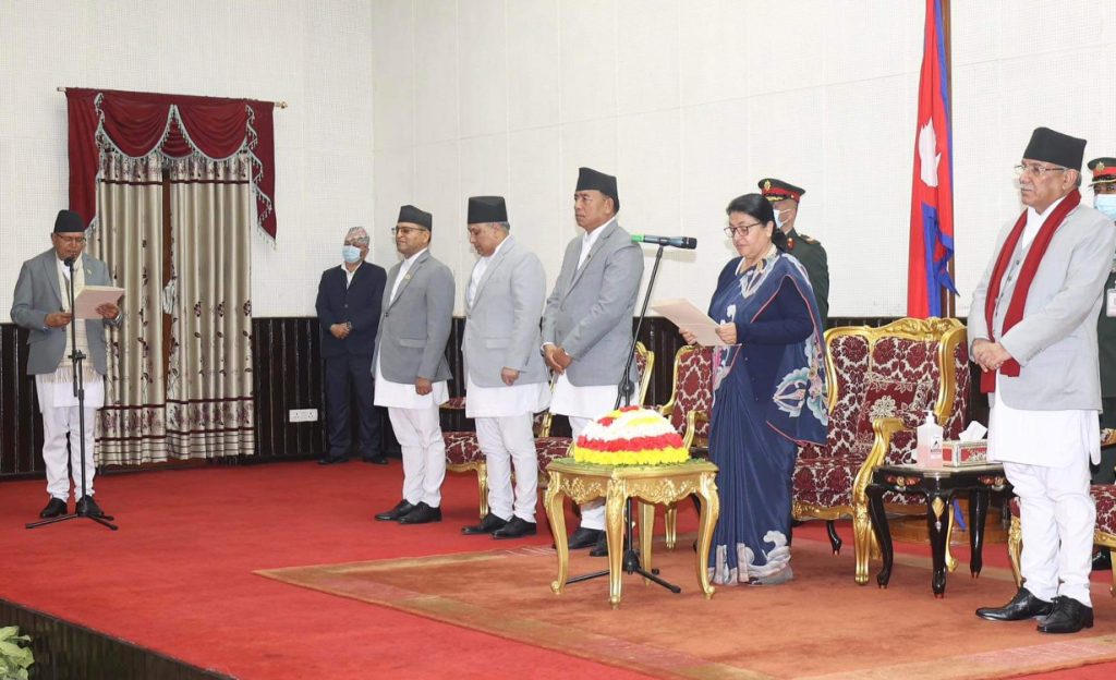 House of Representatives Speaker Dev Raj Ghimire is sworn in by President Bidya Devi Bhandari, on Friday, January 20, 2023.  