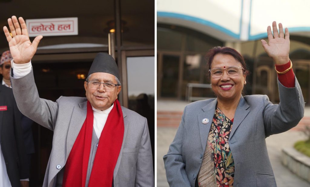 L-R: Dev Raj Ghimire of the CPN-UML and Ishwari Neupane of the Nepali Congress file their candidacy for the House of Representatives speaker on Wednesday, January 18, 2022. Photo: Chandra Bahadur Ale