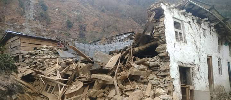 A house collapsed due to an earthquake in Bajura of fat-west Nepal on Tuesday, January 24, 2023.
