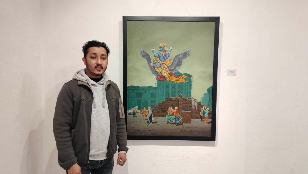 Suresh Basnet in front of his award-winning painting, April Earthquake 2015, at his solo painting exhibition, Galpa: Episodes in My Life, at Siddhartha Art Gallery, Baber Mahal.