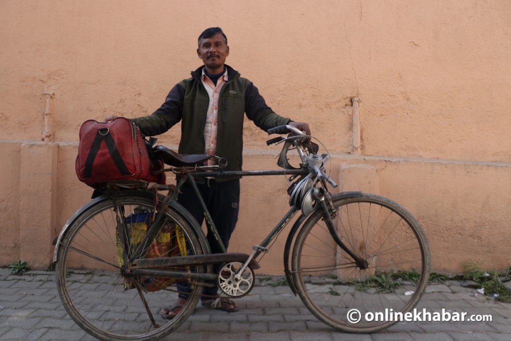 Jitendra Yadav from India on his bicycle repairing pressure cookers and gas stoves.  Photo: Aryan Dhimal