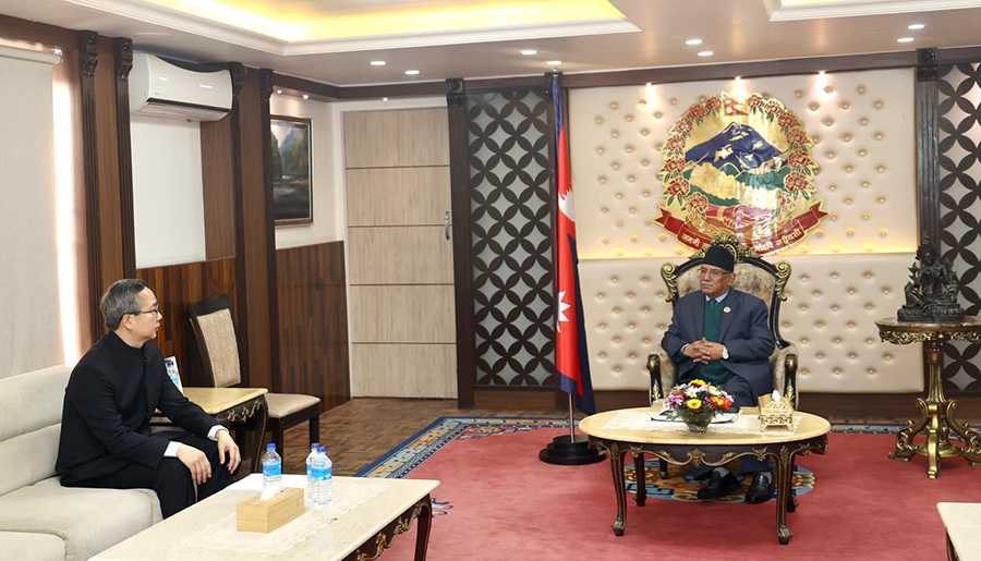 Chinese Ambassador to Nepal Chen Song calls on Prime Minister Pushpa Kamal Dahal, in Kathmandu, on Monday, January 16, 2022. 