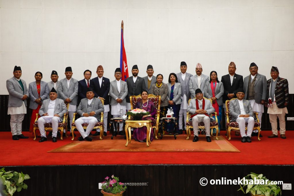 Members of the Pushpa Kamal Dahal cabinet post for a photograph with other state officials following the cabinet expansion, on Tuesday, January 17, 2023. Photo: Bikash Shrestha