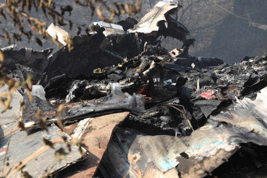 The wreckage of an aeroplane that crashed in Pokhara, Nepal, on Sunday, January 15, 2023. Photo: Radhika Khatiwada/RSS