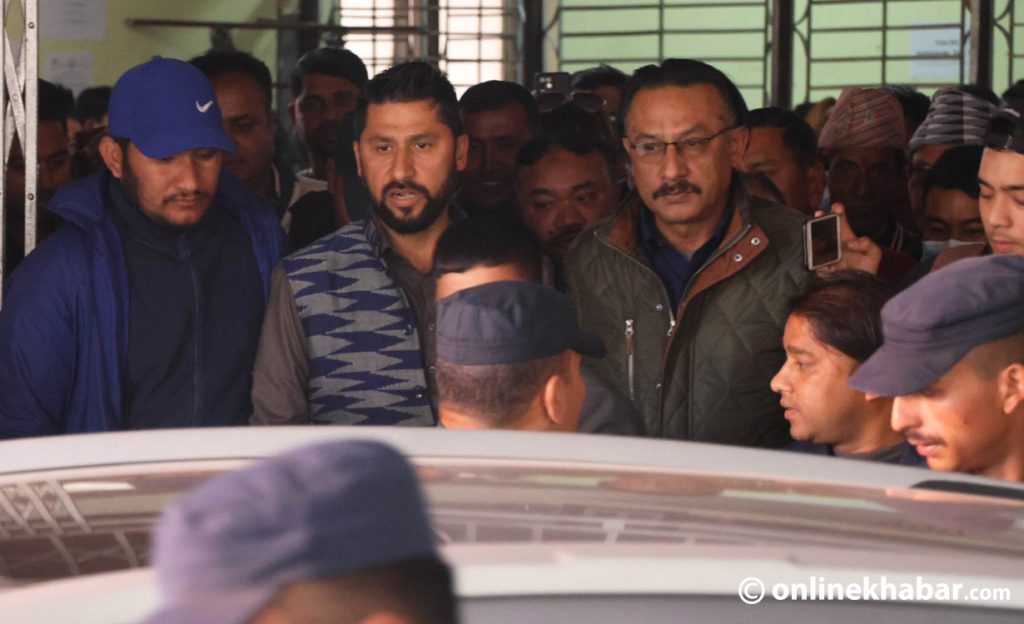 Rabi Lamichhane gets out of the Kathmandu District Administration Office after obtaining the Nepali citizenship back, in Kathmandu on Sunday, January 29, 2023. Photo: Aryan Dhimal