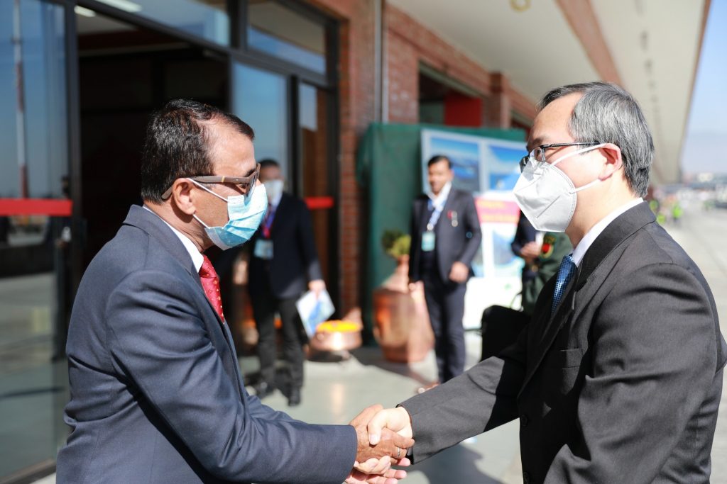 Chen Song, the newly appointed Chinese ambassador to Nepal, is welcomed at Kathmandu's Tribhuvan International Airport, on Sunday. January 8, 2022. Photo: Chinese Embassy in Kathmandu