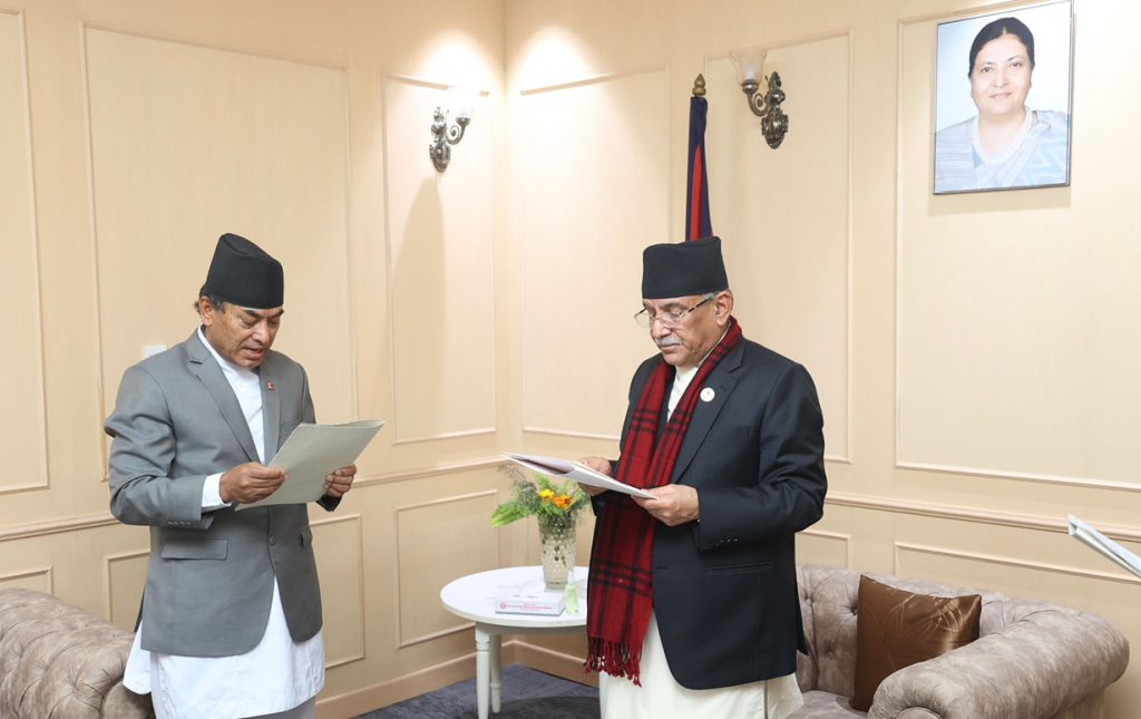 National Planning Commission vice-chairperson Min Bahadur Shrestha takes the oath of office and secrecy, in Kathmandu, on Monday, January 23, 2023. 