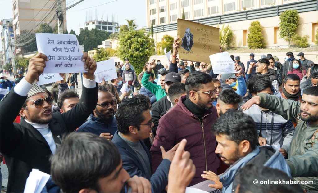 Members of the public stage a demonstration in Kathmandu calling the government to address concerns raised by Prem Prasad Acharya, who killed himself in Kathmandu, on January 25, 2023. Photo: Chandra Bahadur Ale