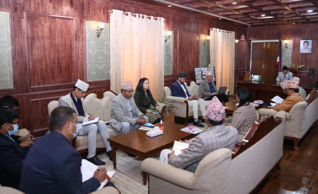 Prime Minister Pushpa Kamal Dahal and ministers meet Election Commission officials about the presidential election in Kathmandu, on Monday, January 2, 2022.