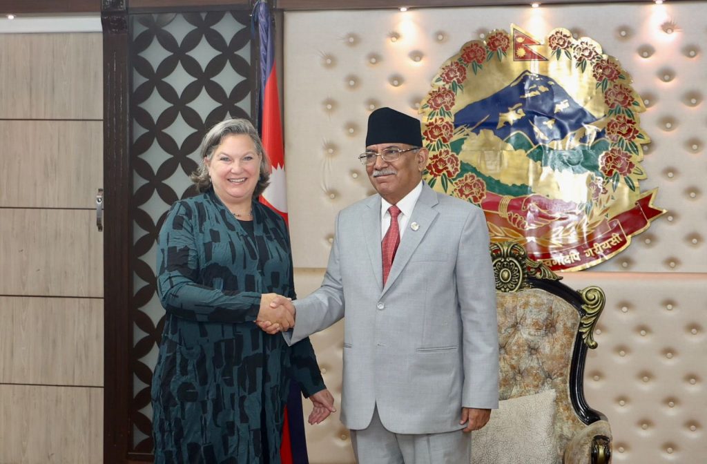 Victoria Nuland, the United States undersecretary of state for political affairs, calls on Prime Minister Pushpa Kamal Dahal at the latter's residence in Baluwatar of Kathmandu on Monday, January 30, 2023. Photo: Dahal's Secretariat