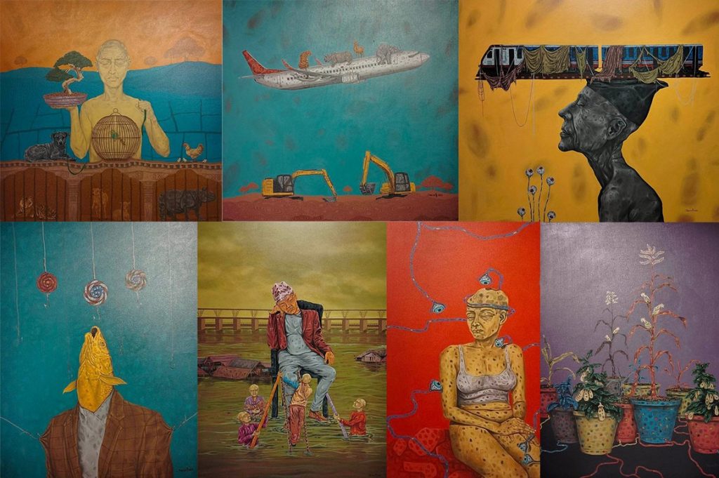 Suresh Basnet's paintings at his solo painting exhibition Galpa: Episodes in my life at Siddhartha Art Gallery, Baber Mahal.