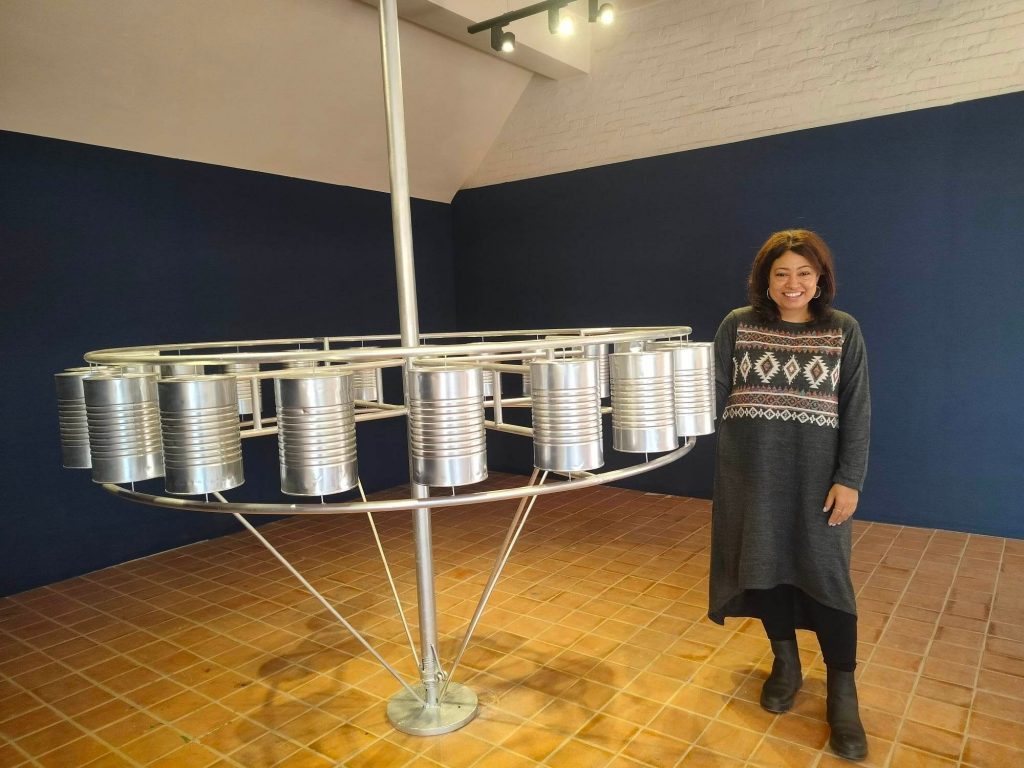 Artist Bidhata KC with her installation Out of Emptiness exhibited at Taragaon Museum, Bouddha.