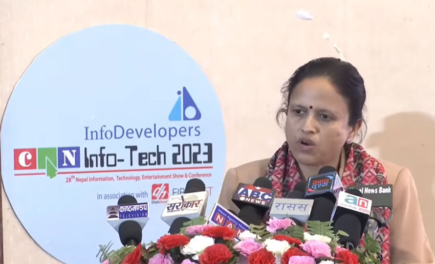 Communications and Information Technology Minister Rekha Sharma speaks at CAN Info Tech, in Kathmandu, on Tuesday, February 7, 2023. 