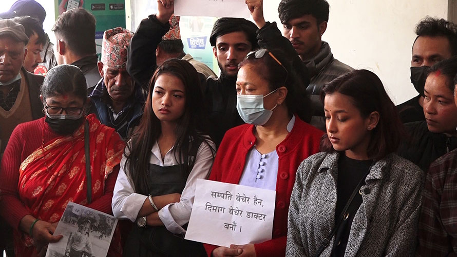 Relatives of an infant who died during treatment stage a protest at Himal Hospital in Kathmandu, accusing doctors of medical negligence, on Wednesday, February 22, 2023. 