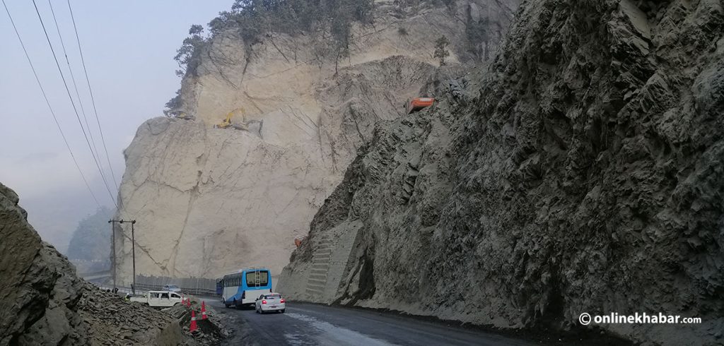 Earth-cutting work is underway along the Narayangadh-Muglin road, in Chitwan, in February 2023. 