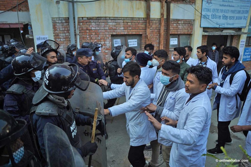 Medical students at TU Institute of Medicine stage a protest against the dean's office regarding hostel problems, in January 2023.