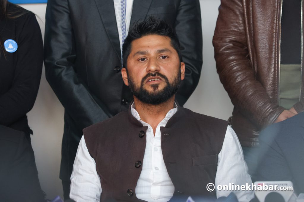 Rastriya Swatantra Party president Rabi Lamichhane speaks at a press meet in Kathmandu, on Sunday, February 5, 2023. Photo: Aryan Dhimal