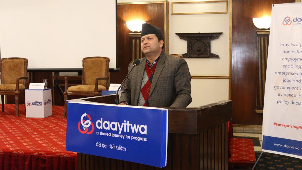 National Planning Commission member Ram Kumar Phuyal addresses a discussion on municipal enterprise ecosystems, in Kathmandu, on Monday, February 13, 2023. Photo: Daayitwa