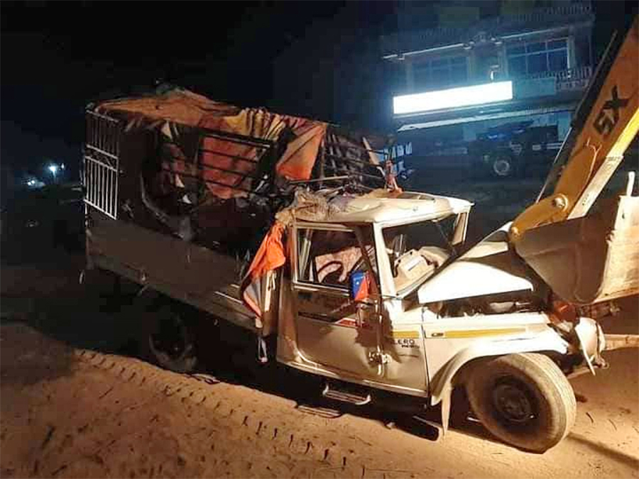 A pickup truck hit by a car in Saptari on Tuesday, February 28, 2023. 
