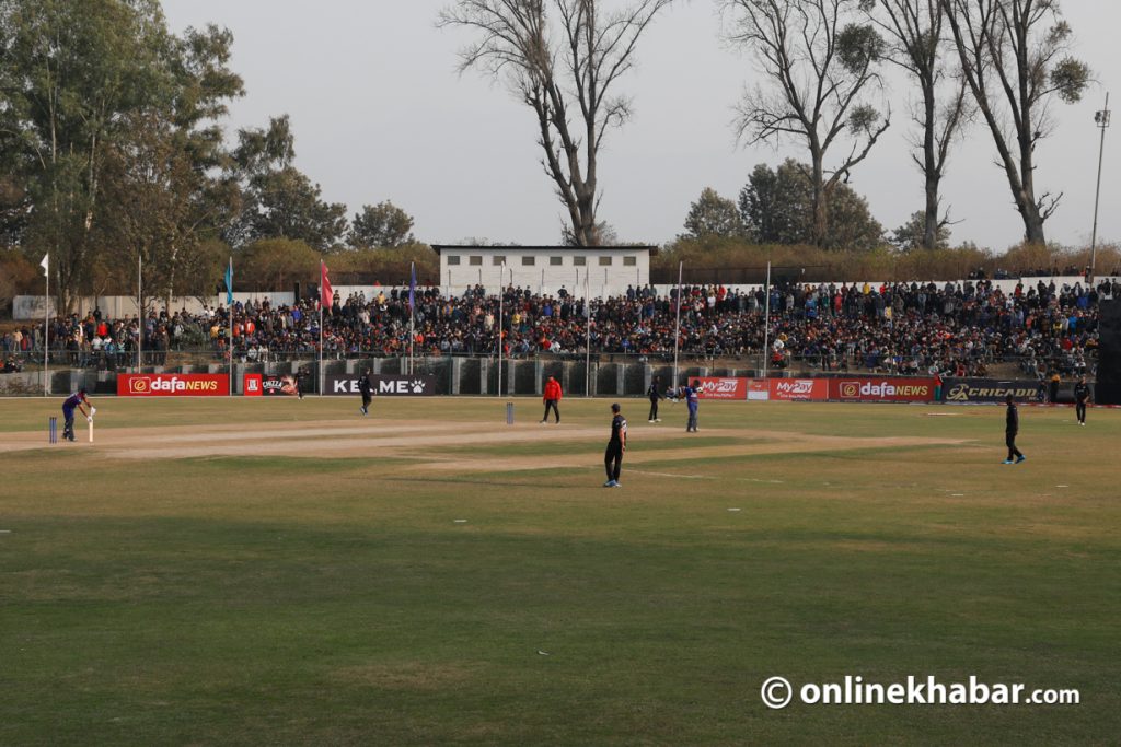 A cricket match is ongoing at the TU cricket ground on Tuesday, February 14, 2023. Photo: Bikash Shrestha