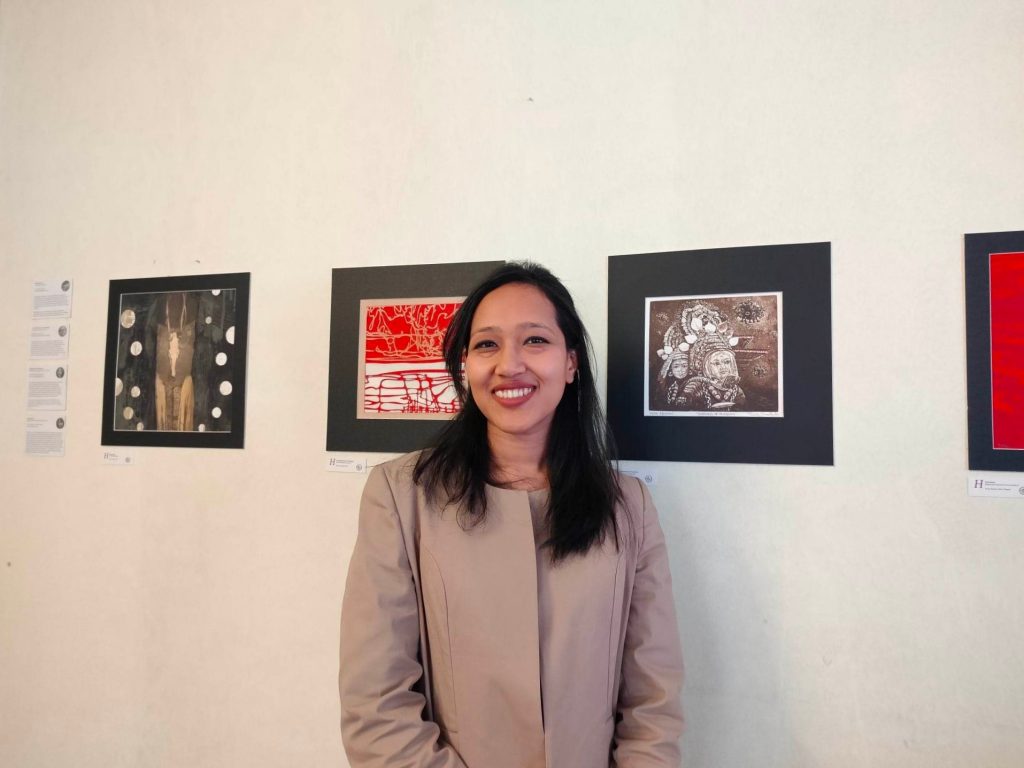 Printmaker Teesha Shrestha at the printmaking exhibition Threshold at NIC Asia Bank, Naagpokhari.