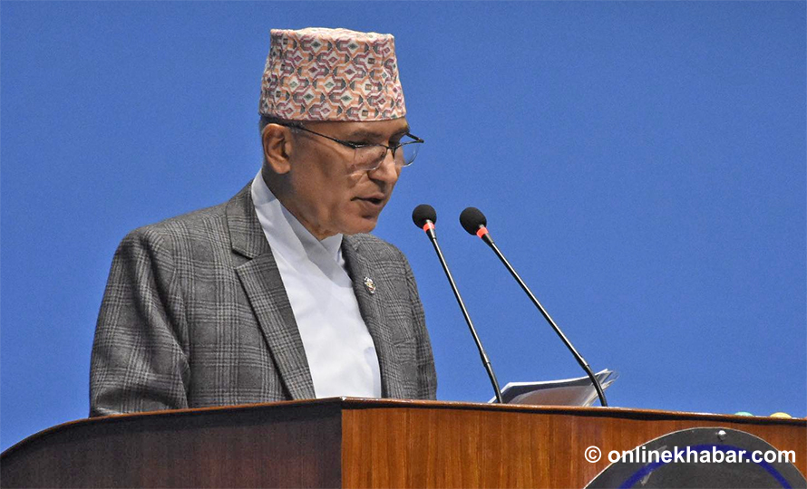 Finance Minister Bishnu Paudel presents a half-yearly review report of the Nepal budget 2022/23 in the House of Representatives, on Sunday, February 12, 2023. Photo: Chandra Bahadur Ale